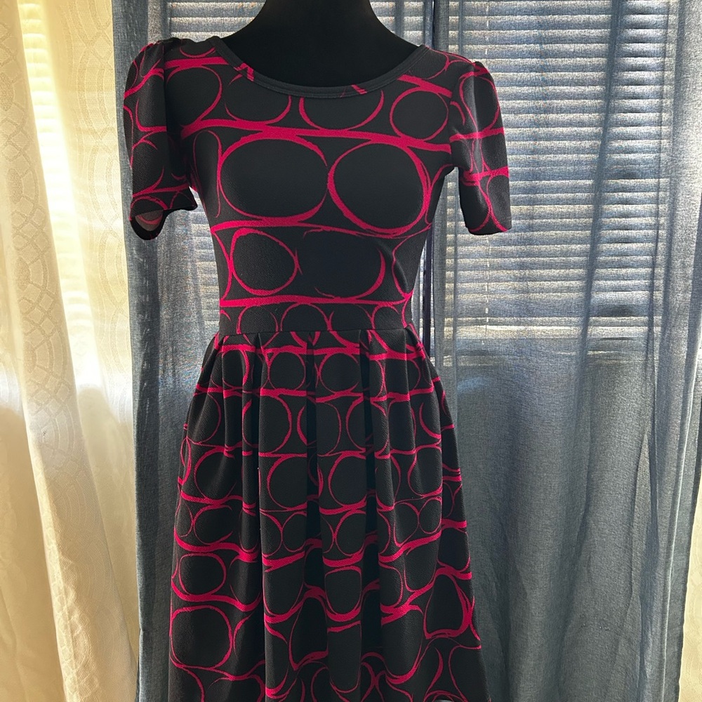 LuLaRoe Black and Pink Puff Sleeve Fit and Flare Dress